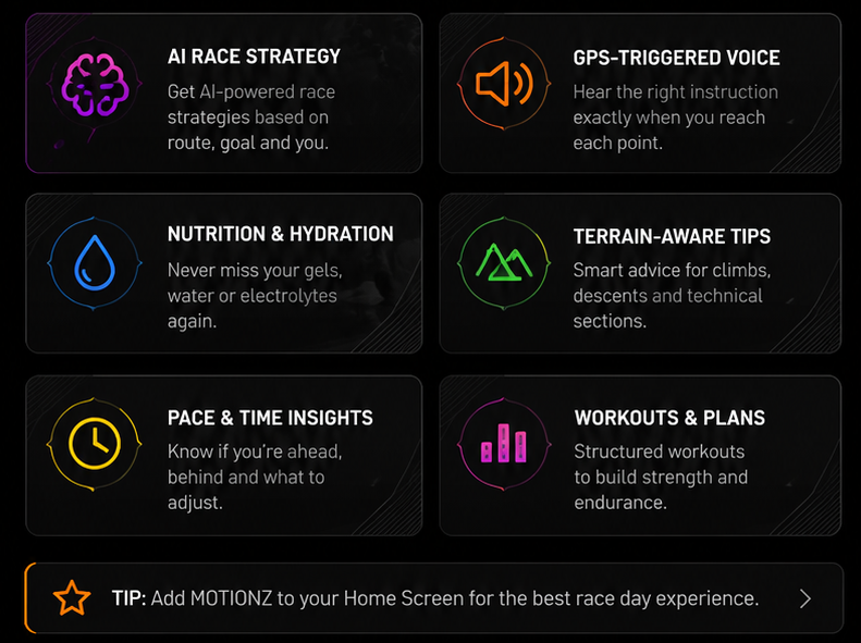 Features: AI race strategy, GPS-triggered voice, nutrition and hydration, terrain-aware tips, pace and time insights, workouts and plans. Add MOTIONZ to your Home Screen for the best race-day experience.